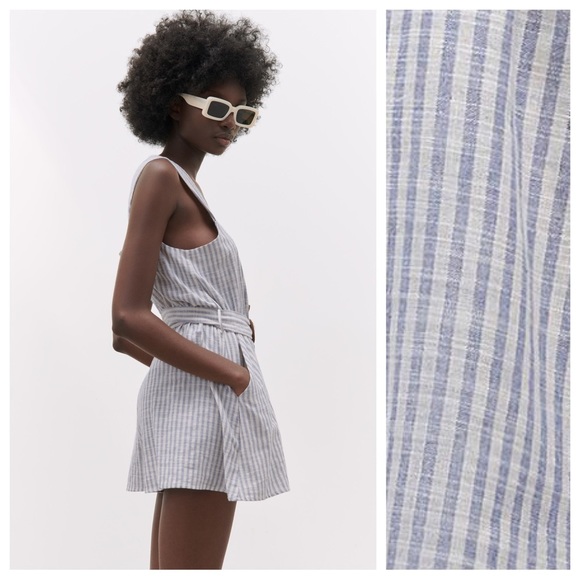 Zara Blue/Cream Linen Blend Striped Jumpsuit. Size M. - Picture 4 of 11